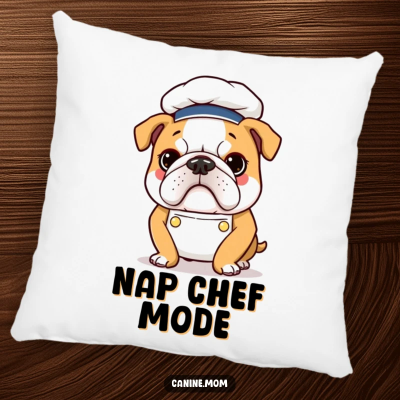 Funny Bulldog Pillow: A determined bulldog in a small chef hat and apron, designed for comfort and a hint of culinary flair.