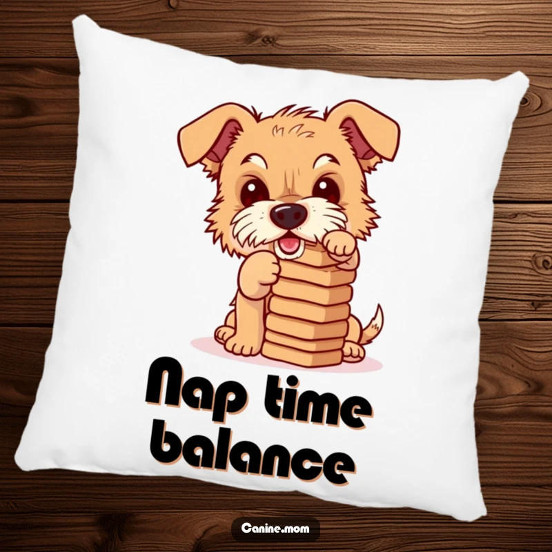 Funny accent pillow with a mischievous terrier balancing a stack of dog biscuits, offering comfort and a humorous touch to any seating.