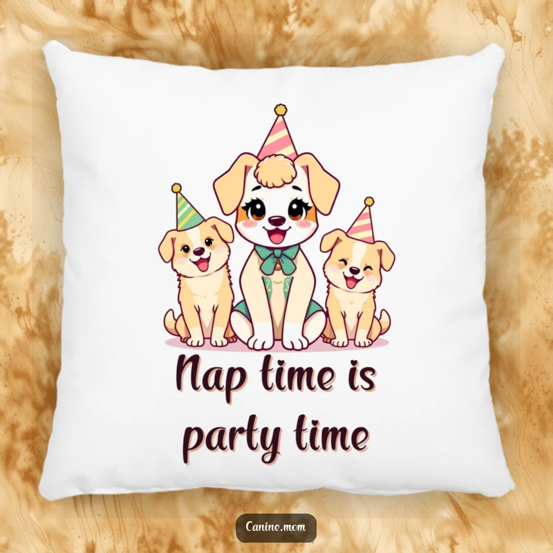 Funny kawaii dog lady character lounging with her dogs who are wearing party hats, a soft and humorous decorative pillow.