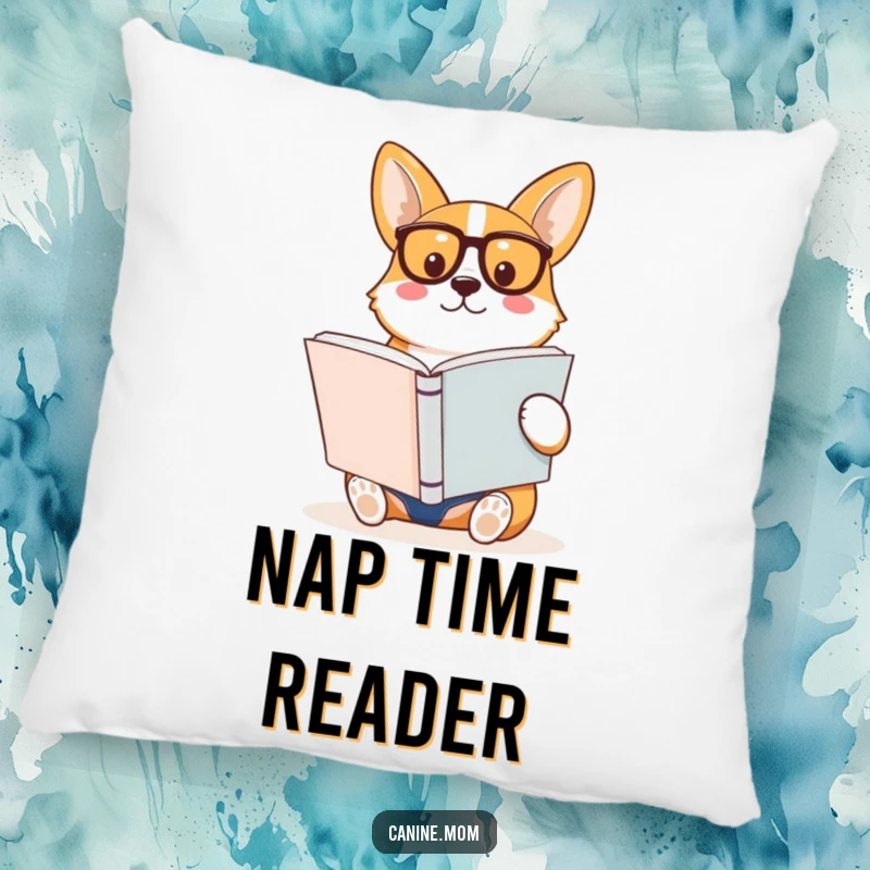 Funny Corgi Pillow, accessorized with spectacles, reading a large book, providing comfort and a touch of scholarly humor.