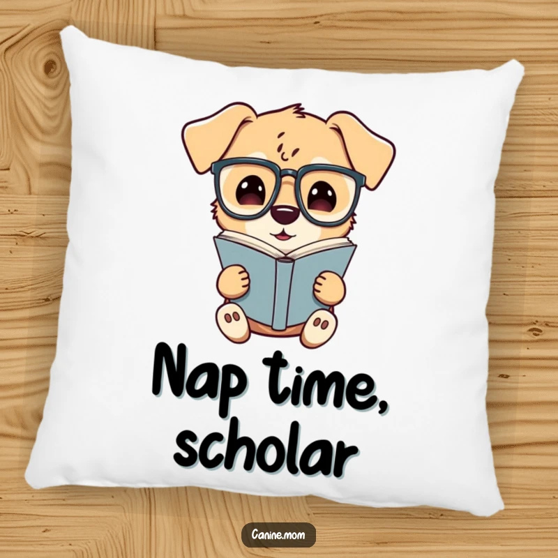 Funny pillow decorating a cushion with a dog wearing spectacles, engrossed in a book, adding a touch of cozy intelligence to any space.
