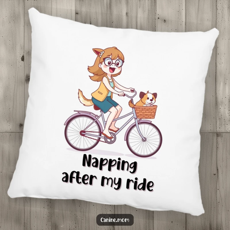 Funny pillow showing a happy dog lady on a bike, with a basket full of adorable dogs, creating a scene of pure bliss.