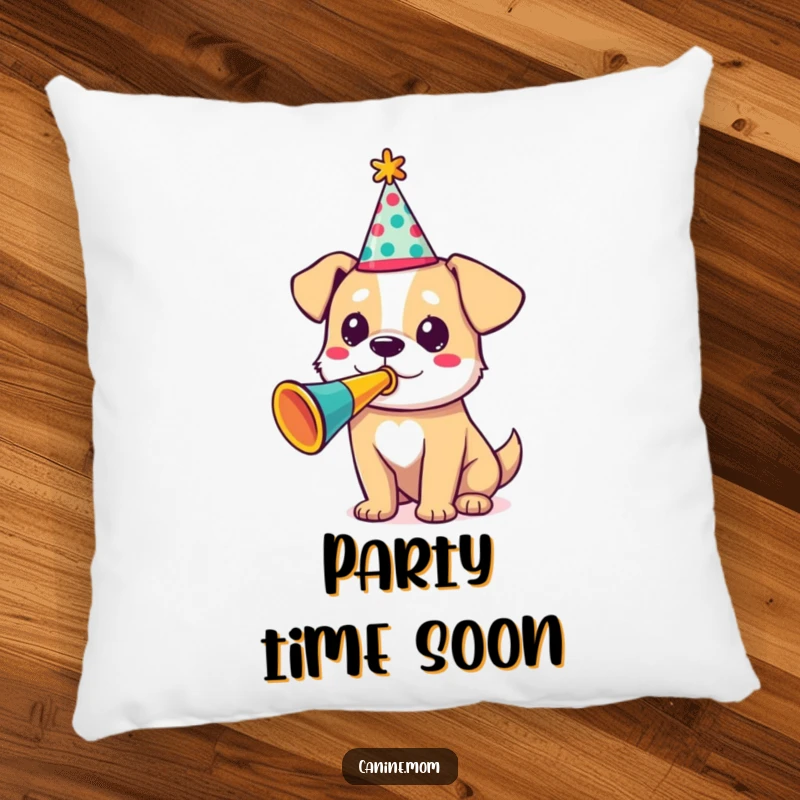 Funny pillow featuring a dog in a party hat, blowing a trumpet, bringing festive comfort and humor, a funny gift.
