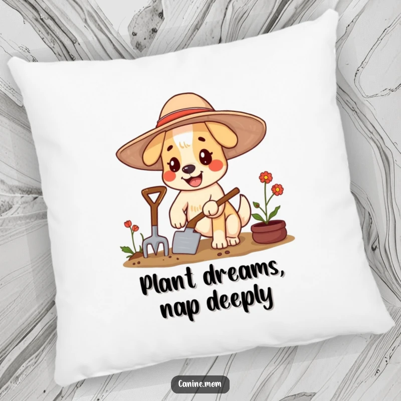 Funny dog pillow featuring a happy character in a floppy hat, gardening with a trowel, perfect for decor.