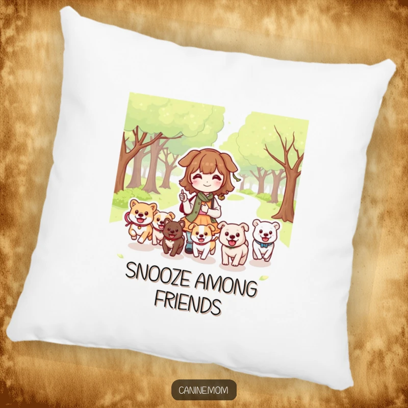 Funny Dog Lady Park Pillow: Kawaii character relaxing in a park as happy dogs run around. Cozy funny gift.