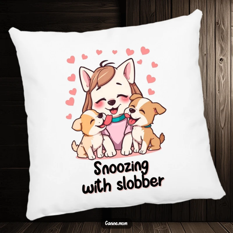 Funny pillow with a dog lady receiving enthusiastic licks from multiple happy dogs, offering comfort and humor.
