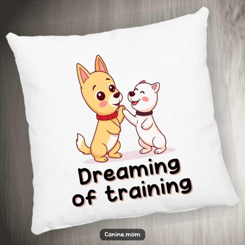 Funny kawaii dog lady character resting after a training session with her dog on a soft, humorous decorative pillow.