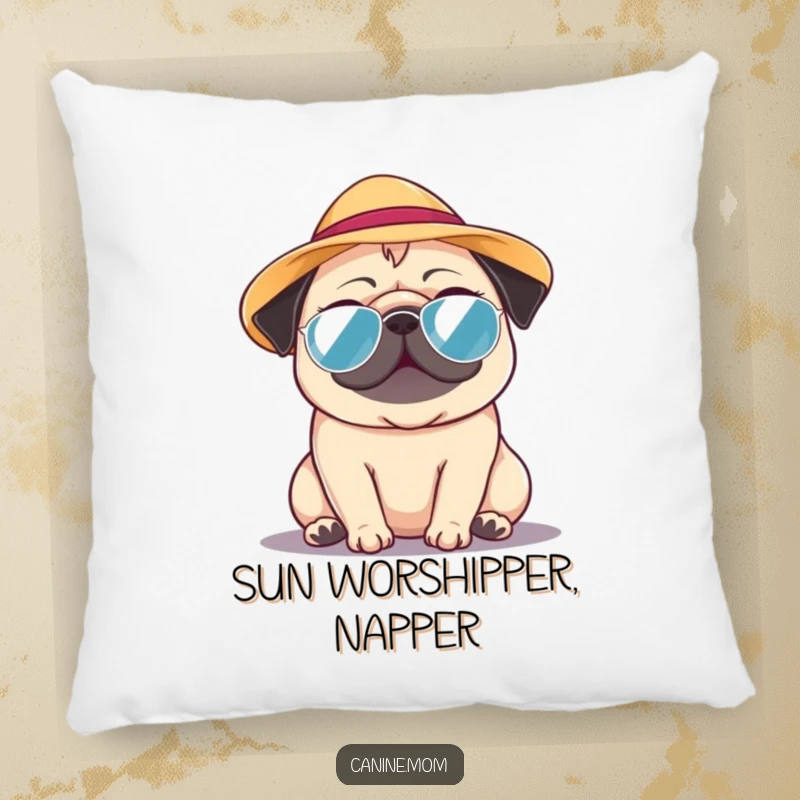 Funny Pug Pillow: A pug wearing a cute sun hat, blissfully enjoying a warm, bright day. An ideal funny gift.