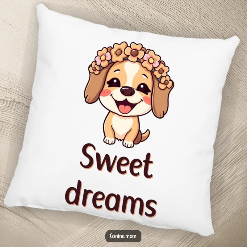 Funny dog lady pillow featuring a joyful woman wearing a flower crown made of dog biscuits. Adds a sweet and humorous touch to any room.