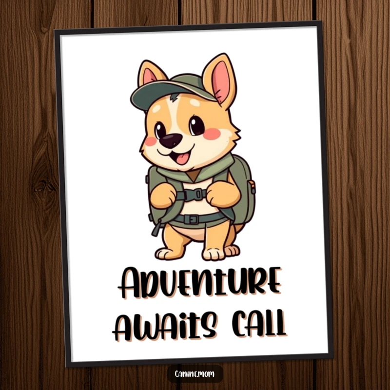 Funny digital art print of an enthusiastic dog with a backpack, ready for adventure, a fun funny gift.