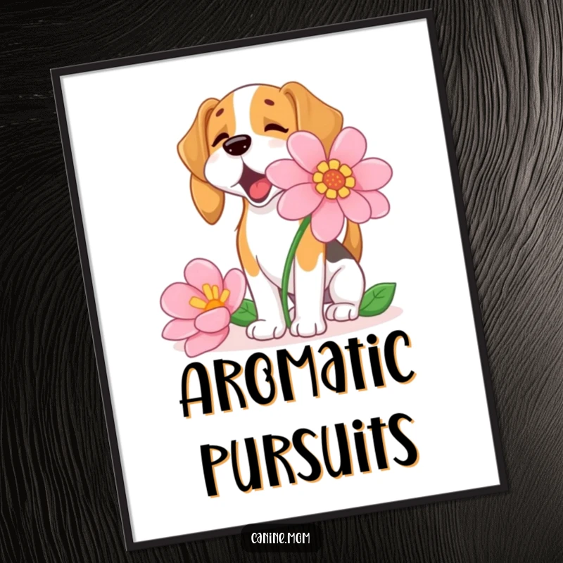 Funny Beagle Digital Art Print, excitedly sniffing a giant flower, capturing a moment of pure, unadulterated joy and floral fascination.
