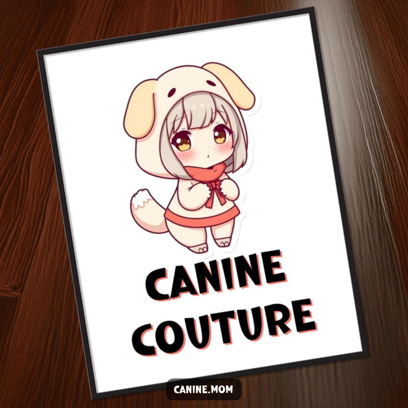 Funny Digital Art Print: Woman wearing a dog costume, joyfully wagging a tail, radiating playful energy.