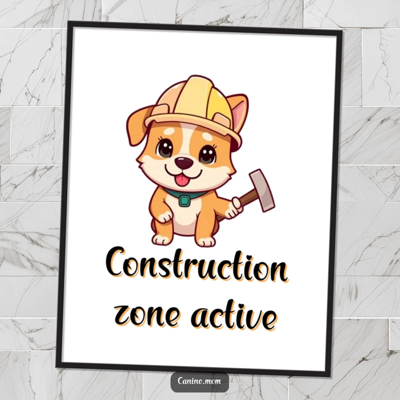 Funny digital art print of a determined dog in a construction helmet, holding a hammer, a motivational funny gift.