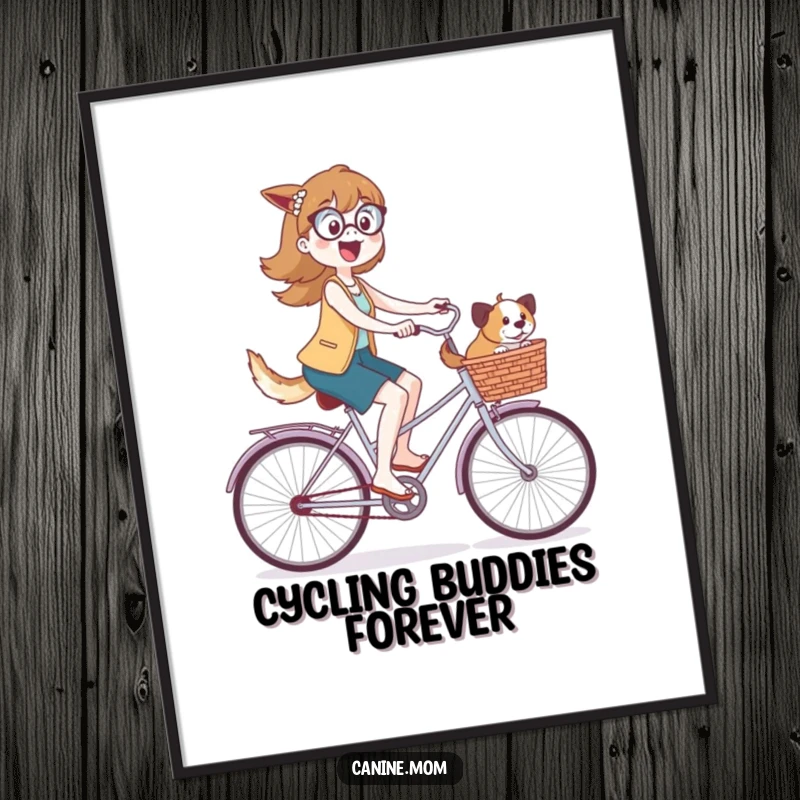 Funny digital art print of a dog lady joyfully cycling, with a basket full of excited dogs, capturing a moment of pure happiness.