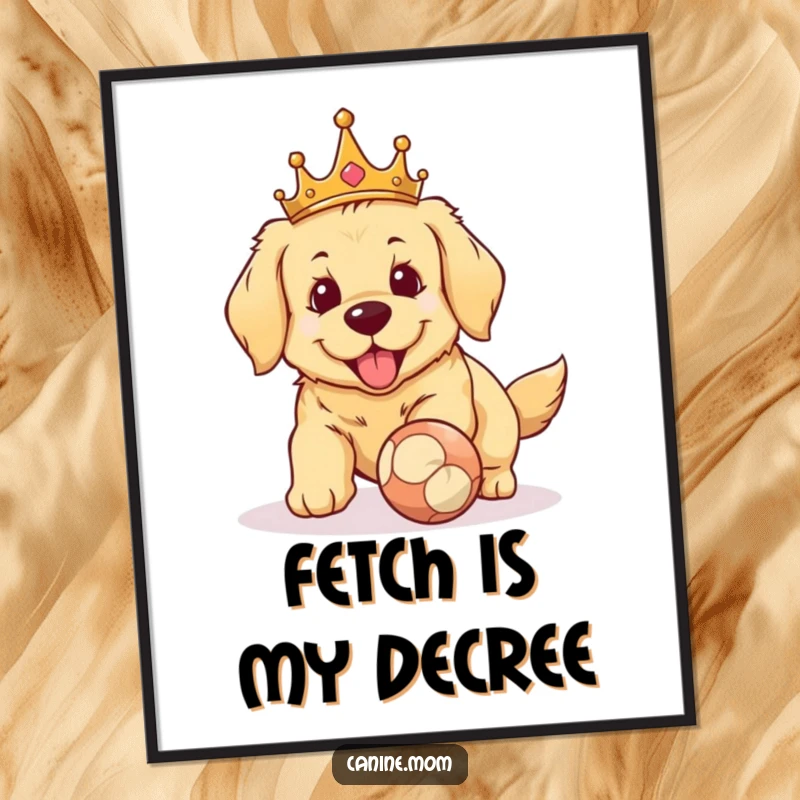 Funny Golden Retriever crown digital art. A noble dog wearing a crown, joyfully fetching a ball, presented as a regal and humorous art piece.