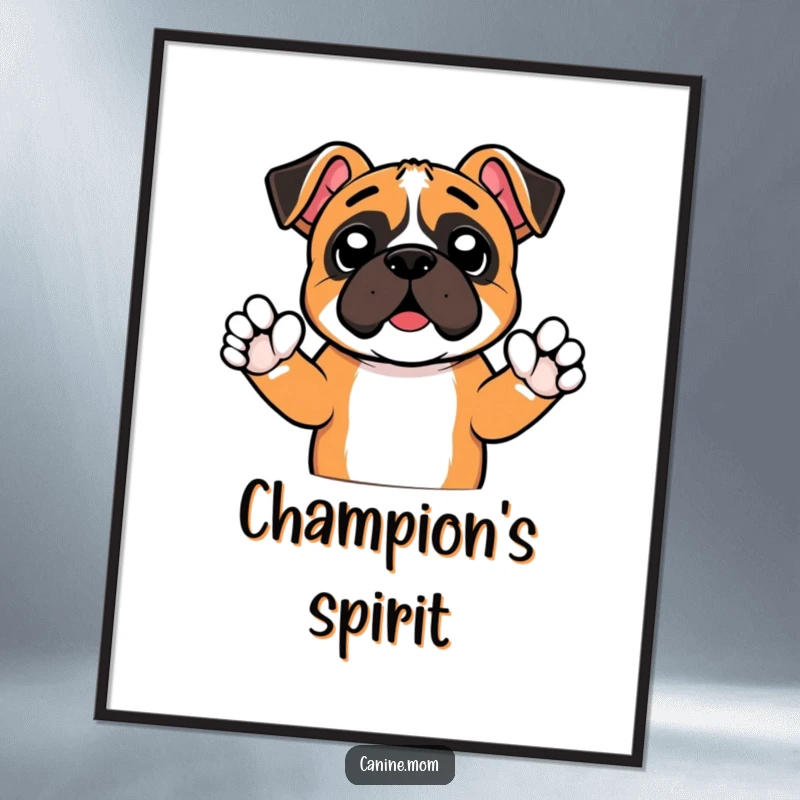 Funny digital art print of an excited boxer dog raising tiny paws in a cheer, ready for instant download. An energetic, humorous, and spirited piece.