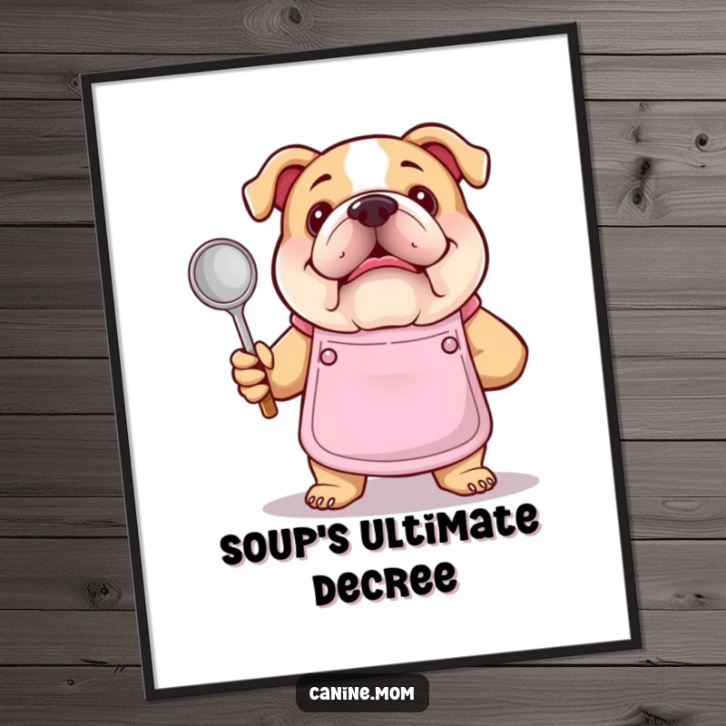 Funny bulldog chef digital art. A bulldog wearing an apron proudly holds a soup ladle, creating a humorous and artistic culinary statement.