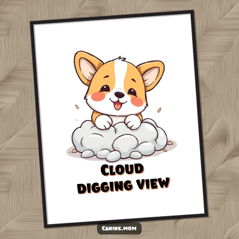 Funny Corgi Digital Art: A playful corgi is humorously depicted digging through a cloud, ready for digital or print display.