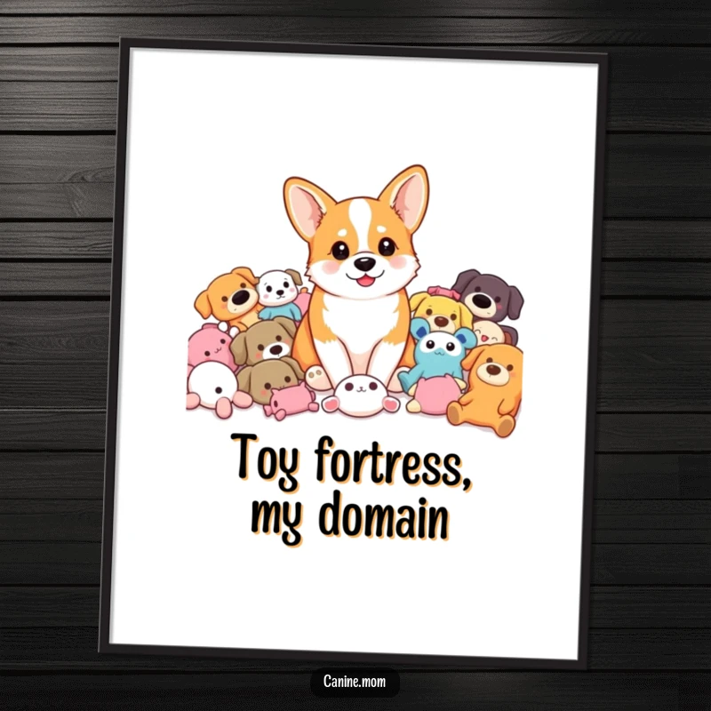 Funny Corgi Digital Art: A corgi sits happily amidst a vibrant collection of colorful dog toys. A charming funny gift.