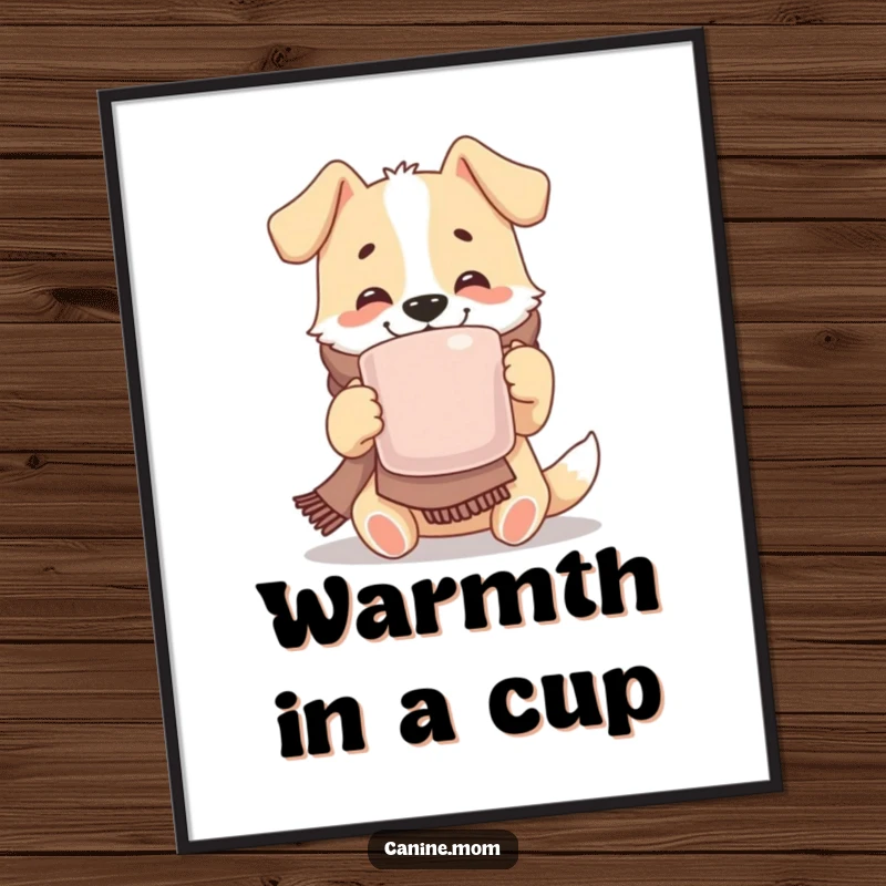 Funny digital art print of a joyful dog wearing a scarf, happily sipping from a large mug, perfect for cozy and cheerful wall decor.