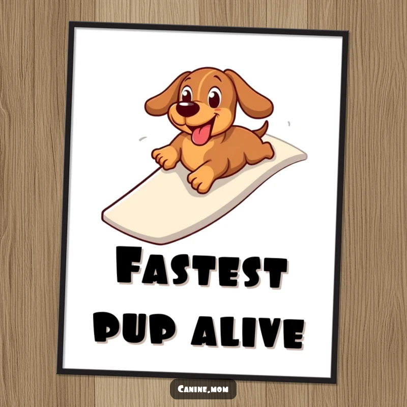 Funny digital art print of a cheerful dachshund zooming down a slide on its belly, capturing an action-packed moment of canine glee.