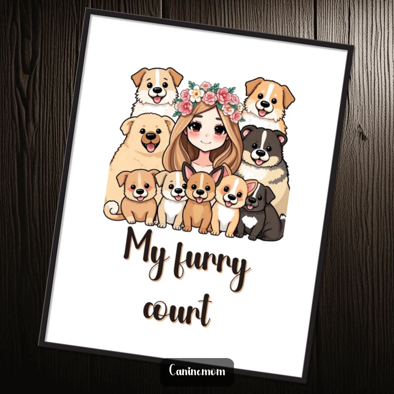 Funny Digital Art Print: A woman with a flower crown, joyfully surrounded by a happy and affectionate group of dogs.