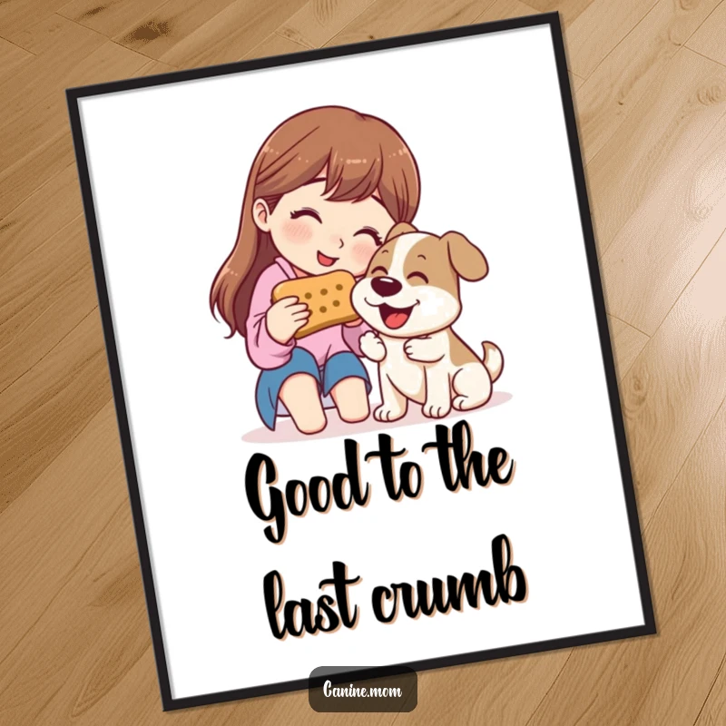 Funny Digital Art Print: Woman happily sharing a giant dog biscuit with an ecstatic dog, illustrating a sweet bond.