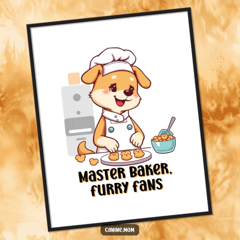 Funny digital art print of a skilled dog lady chef in her element, joyfully baking a batch of miniature dog biscuits.