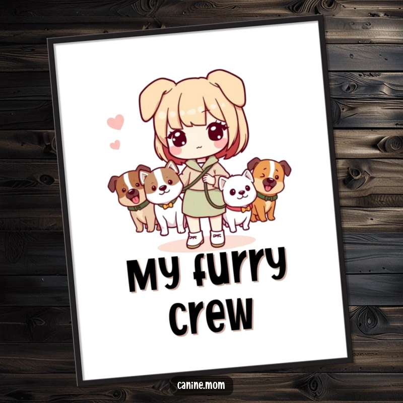 Funny digital art print of a Kawaii dog lady holding a leash with multiple dogs, ideal for printable pet-themed decor.