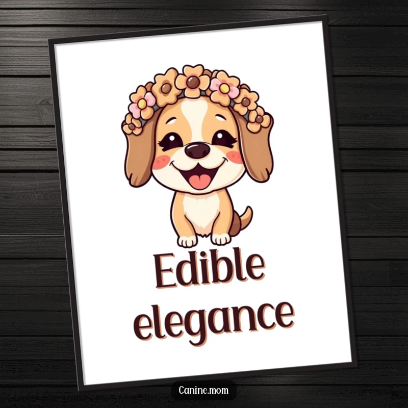Funny dog lady digital art print of a joyful woman wearing a flower crown made of dog biscuits. High-resolution humorous artwork for instant download.