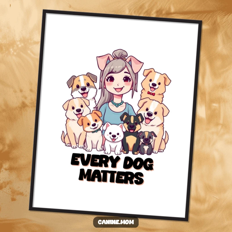 Funny digital art print of a smiling dog lady with her dogs, conveying warmth and a humorous love for canines.