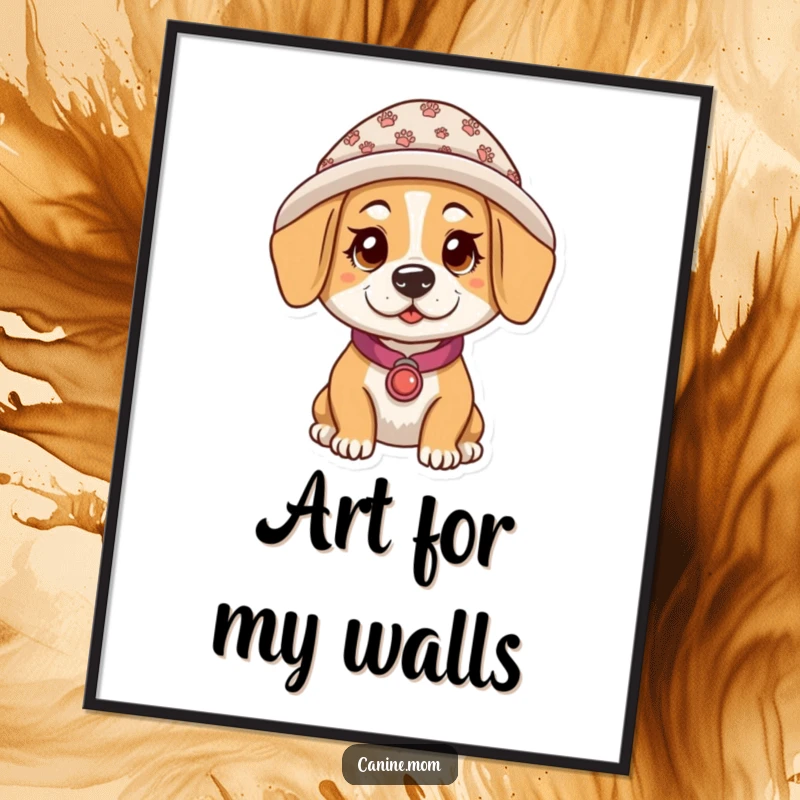 Funny digital art print of a dog lady with a hat decorated in paw prints, offering instant humorous wall decor for dog enthusiasts.