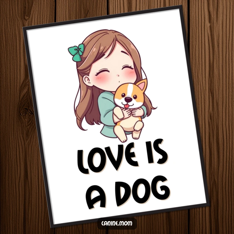 Funny digital art print of a woman holding a dog and blowing a kiss, whimsical and humorous decor for pet lovers.