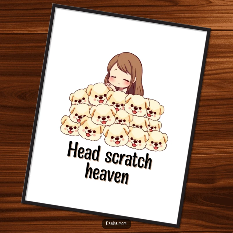 Funny digital art print of a woman petting an endless cascade of fluffy dog heads, whimsical and humorous decor.