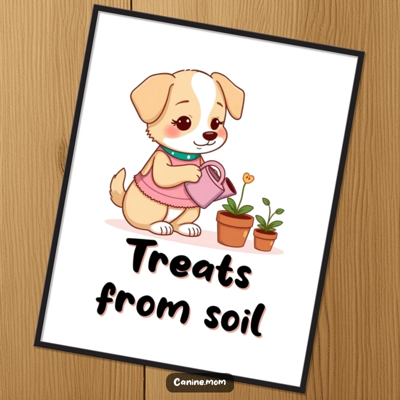 Funny digital art print of a dog lady watering a potted plant that grows dog treats, whimsical and humorous.