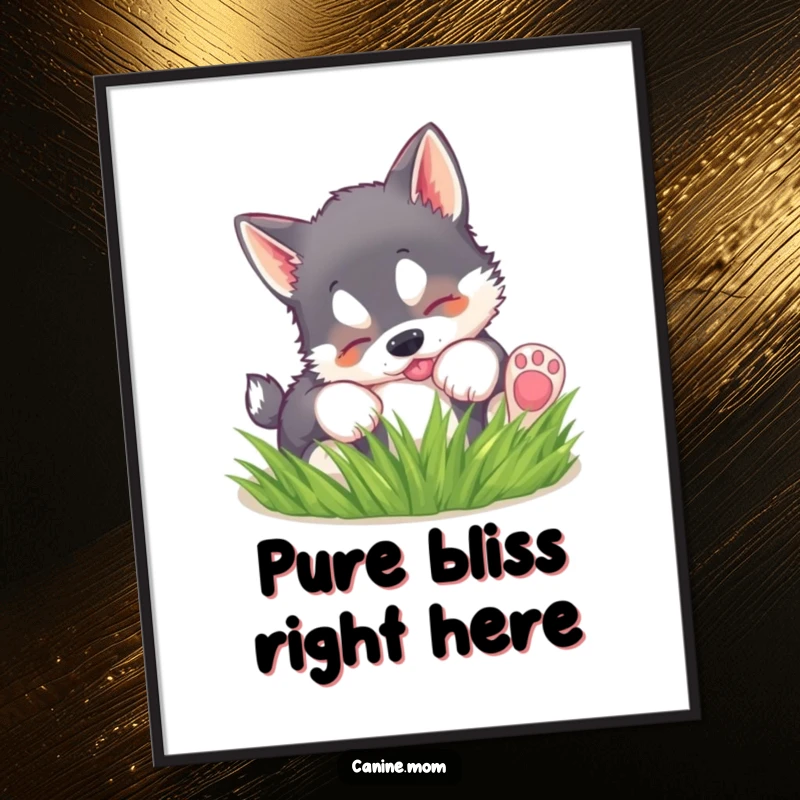 Funny digital art print of a husky puppy playfully rolling in soft grass, capturing pure puppy bliss.