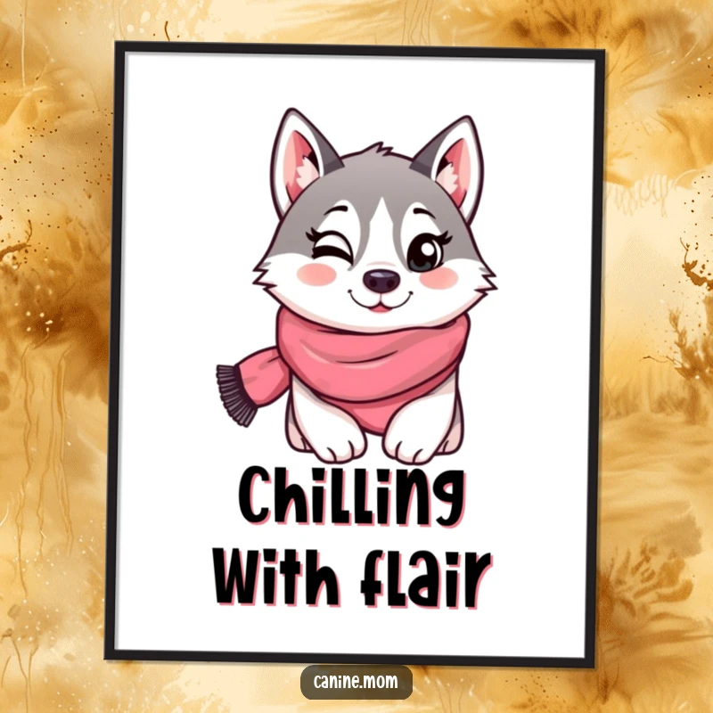 Funny digital art print of a husky wearing a scarf and giving a playful wink, ready for instant download. A cool, humorous, and stylish piece.