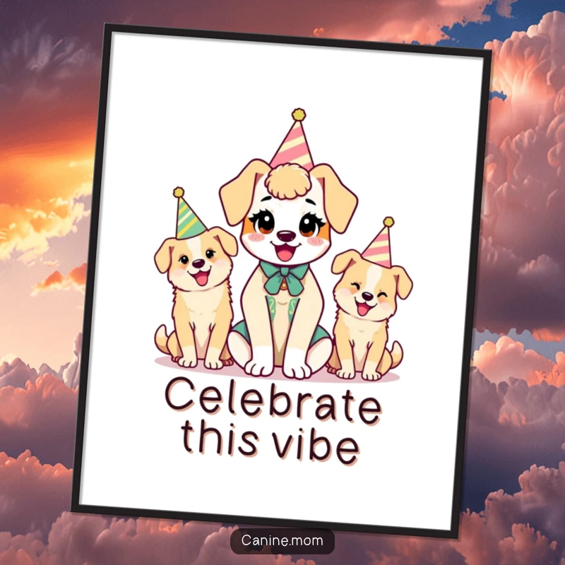 Funny kawaii dog lady character and her dogs wearing party hats, rendered as a delightful and humorous digital art print.