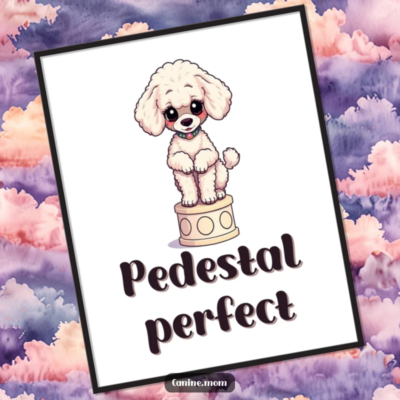 Funny Poodle Digital Art: A curious poodle elegantly poses on a tiny pedestal, ready for digital or print display.