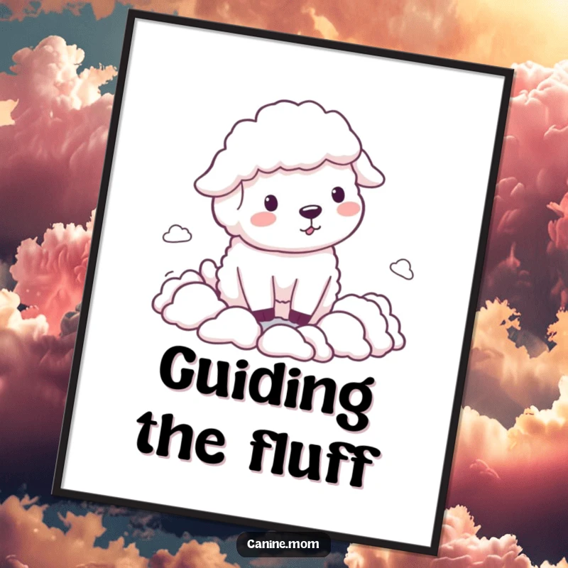 Funny Sheepdog Digital Art Print, energetically herding tiny cloud shapes, capturing a moment of pure, whimsical canine happiness.