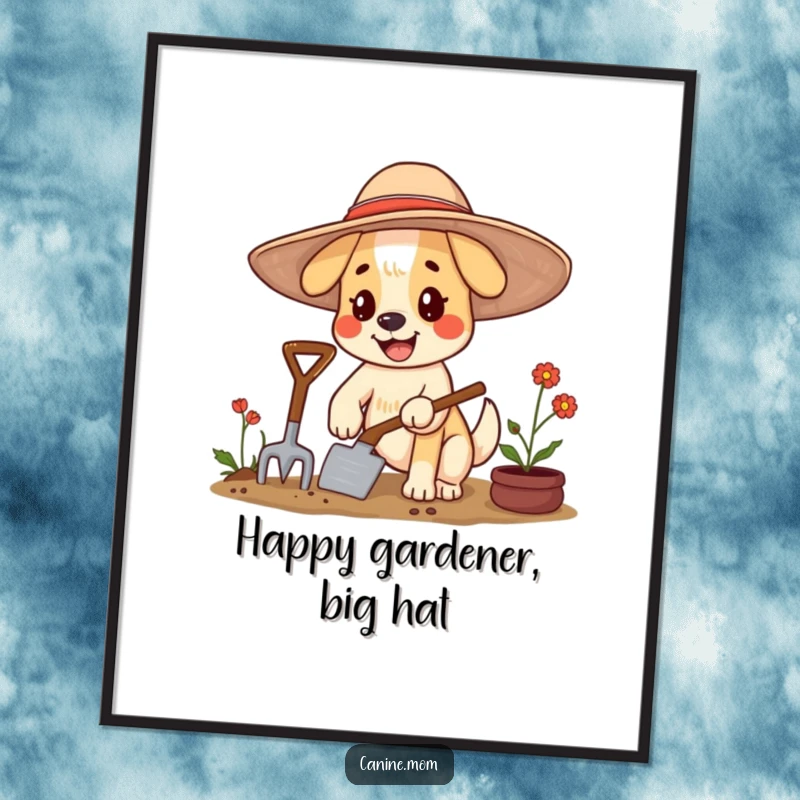 Funny dog digital art print of a happy character in a large floppy hat, gardening with a trowel.