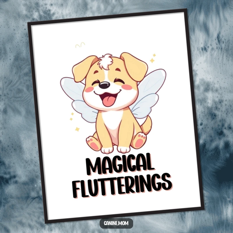 Funny digital art print of a giggling dog with fairy wings, fluttering with delight, a whimsical and funny gift.
