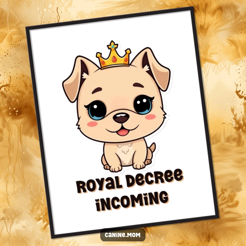 Funny digital art print of a proud dog wearing a small crown, exuding regal charm and humor, a perfect funny gift.