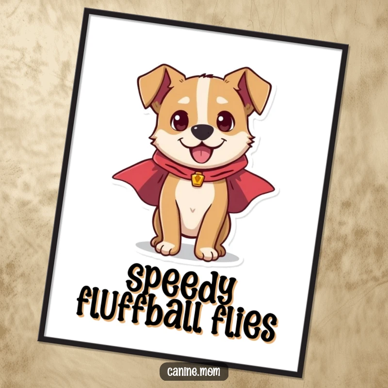 Funny digital art print of an energetic dog wearing a superhero cape, bursting with power, perfect for dynamic and heroic wall decor.