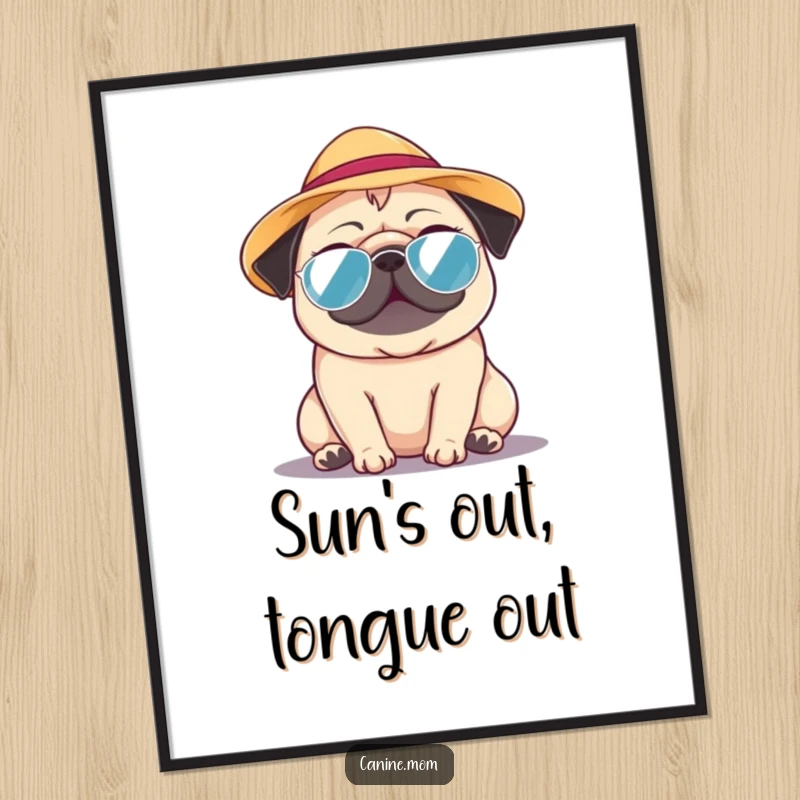Funny Pug Digital Art: A pug sporting a tiny sun hat, enjoying a warm day with pure contentment. A charming funny gift.