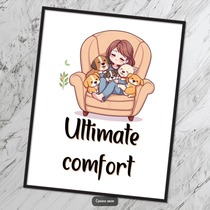 Funny Digital Art Print: Woman in a cozy armchair, lovingly embraced by multiple happy, cuddling dogs.
