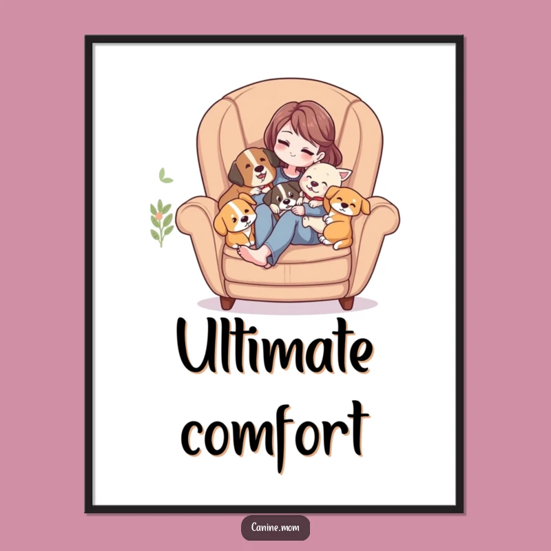 Funny Digital Art Print: Woman Cuddling Dogs in Armchair - Instant Download