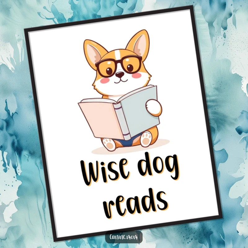 Funny Corgi Digital Art Print, a corgi in spectacles reads a large book, embodying wisdom and cute, intellectual charm.