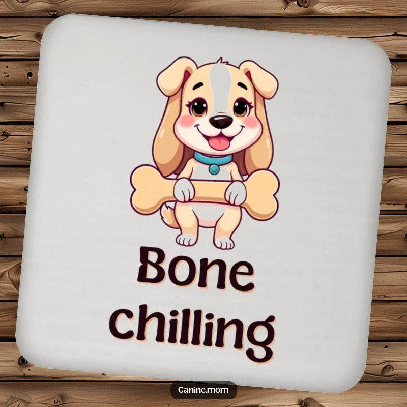 Funny dog lady drink coasters showing a cheerful woman holding an oversized dog bone. Protects surfaces with humorous and generous dog-themed art.