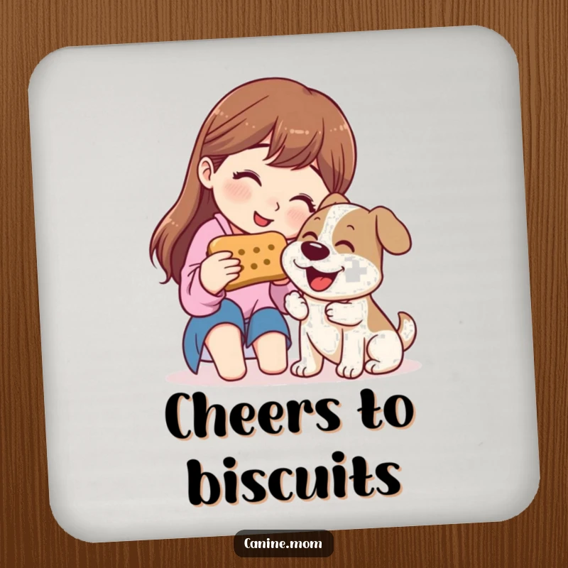 Funny Coasters: Woman sharing a giant dog biscuit with a happy dog, symbolizing friendship and protecting surfaces.
